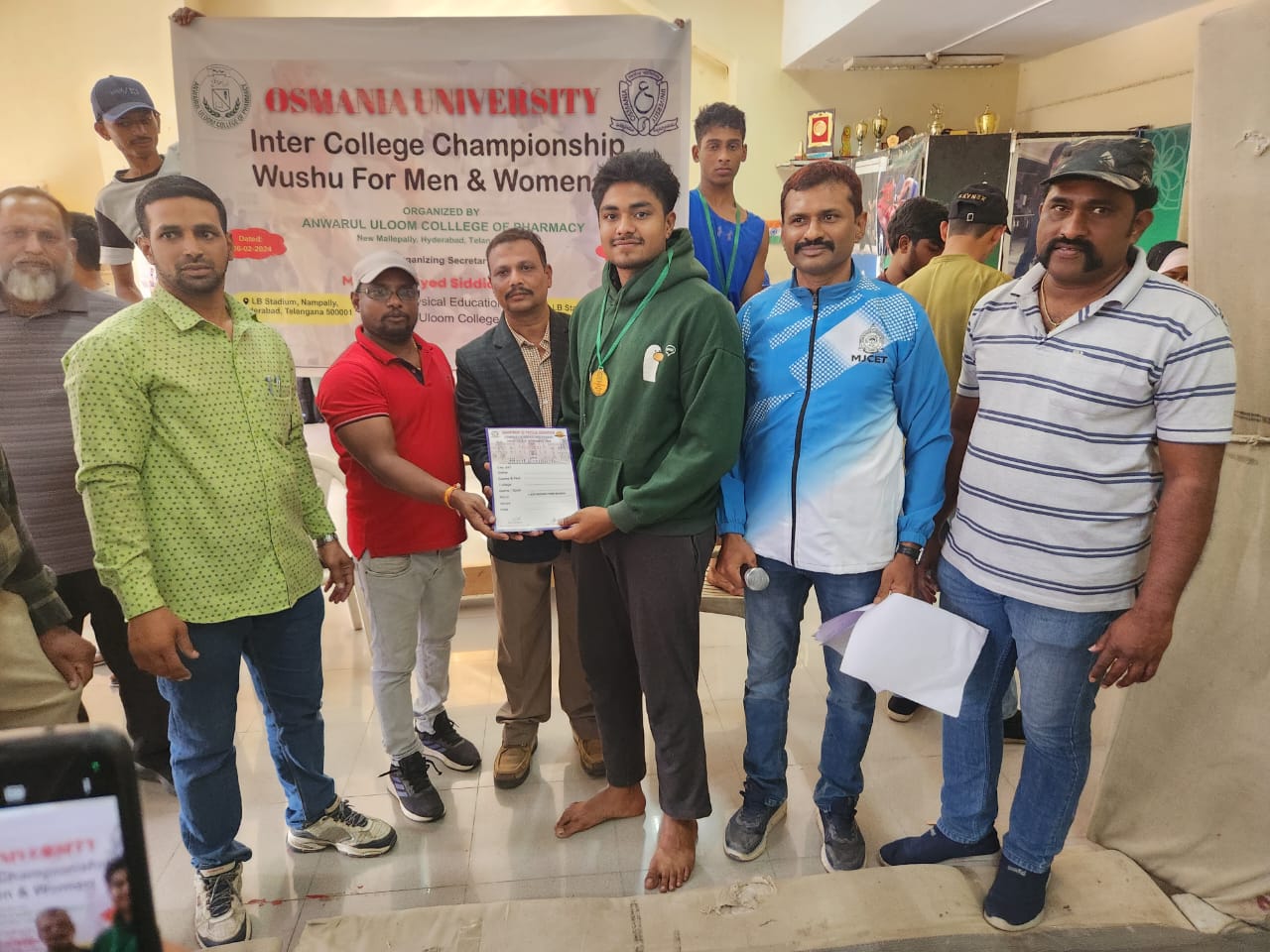 Osmania University Inter College Wushu Championship (Men)
Held at LB stadium on 06-02-2024.
MJCET students performed very good and won 2 Gold medals.
Saud Al Amoodi IT-3 won Gold 🥇 in -52 
Mohammad Abdullah Civil -1 won Gold 🥇 in -90